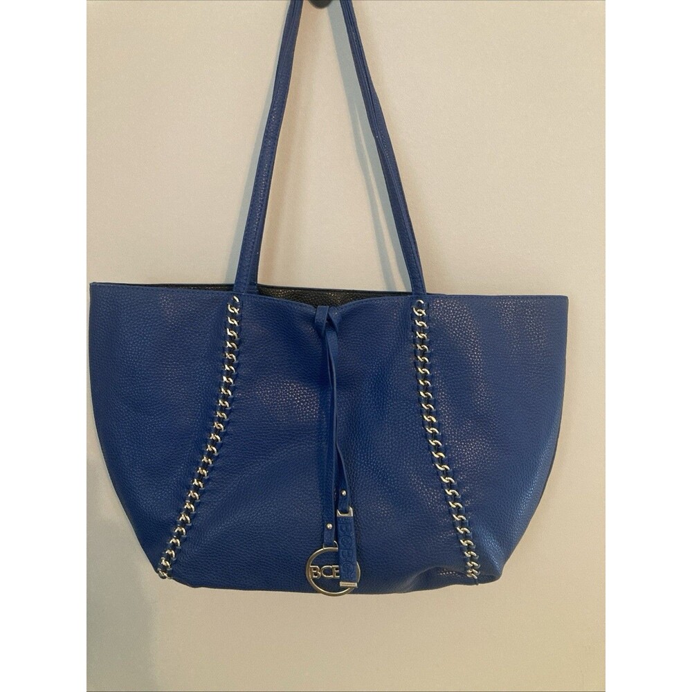 BCBG Paris Navy Faux Pebbled Leather Tote Bag Purse Gold Chain Detail Medallion